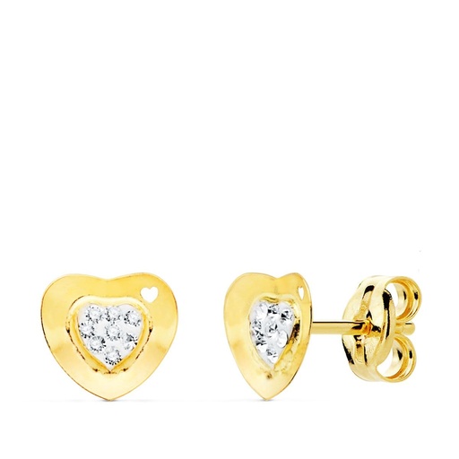 [P9K20761-1] 9K PENDIENTES ORO AMARILLO COMUNION CORAZON Y CIRCONITAS 7X7 MM PRESION