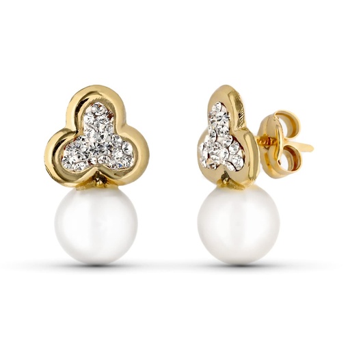 [P9K21162] 9K PENDIENTES COMUNION ORO AMARILLO TREBOL Y PERLA CULTIVADA 14X8 MM PRESION