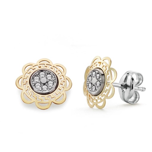 [P9K21174] 9K PENDIENTES ORO BICOLOR FLOR CALADA CON CIRCONITAS 9X9 MM CIERRE PRESION