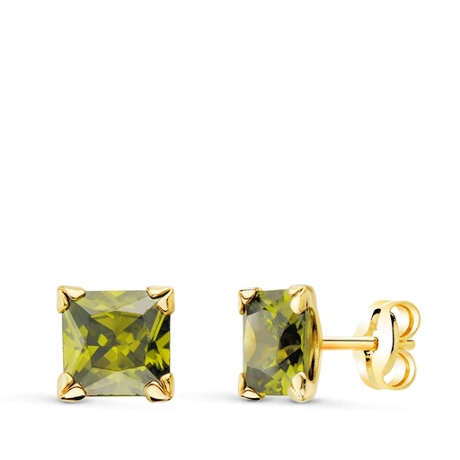[P9K21179] 9K PENDIENTES ORO AMARILLO 4 GARRAS OLIVINA NATURAL 6X6 MM 2.30 QTS PRESION