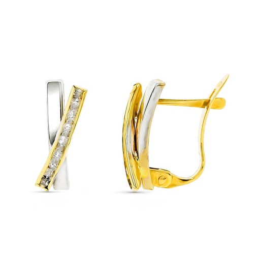 [P9K21201] 9K PENDIENTES ORO BICOLOR BANDAS CON CIRCONITAS 12X6 MM CIERRE CATALAN