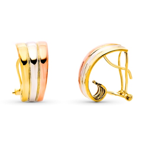 [P9K21249] 9K PENDIENTES ORO TRICOLOR BANDAS LISAS 18X9 MM CIERRE OMEGA