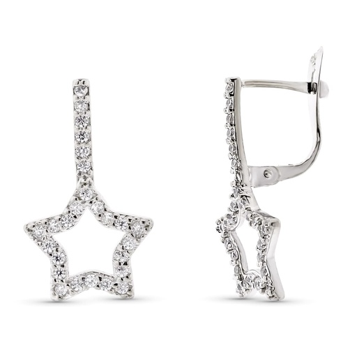 [P9K21253] 9K PENDIENTES ORO BLANCO DOBLE CUERPO ESTRELLA 20X12 MM CIERRE CATALAN