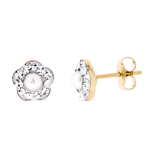 [P9K21256] 9K PENDIENTES ORO AMARILLO FLOR CIRCONITAS PERLA 3 MM ANCHO TOTAL 6 MM PRESION