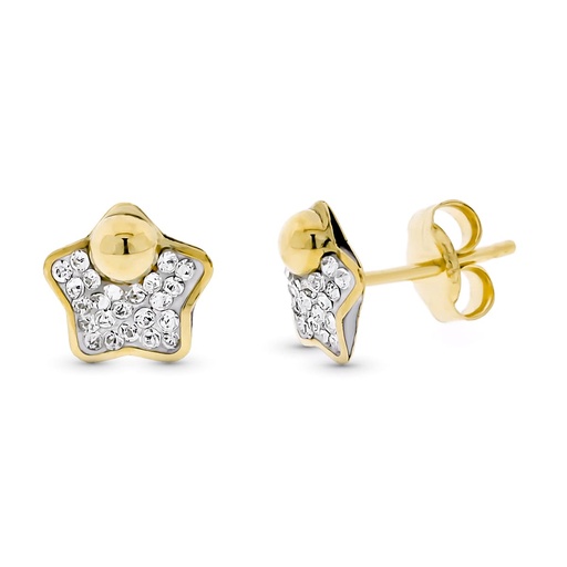 [P9K21270] 9K PENDIENTES ORO BICOLOR ESTRELLA PIEDRA Y 1/2 BOLA 7MM PRESION