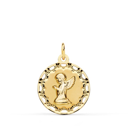 [P9K22020] 9K MEDALLA ORO AMARILLO ANGELITO REZANDO CERCO CALADO 18 MM