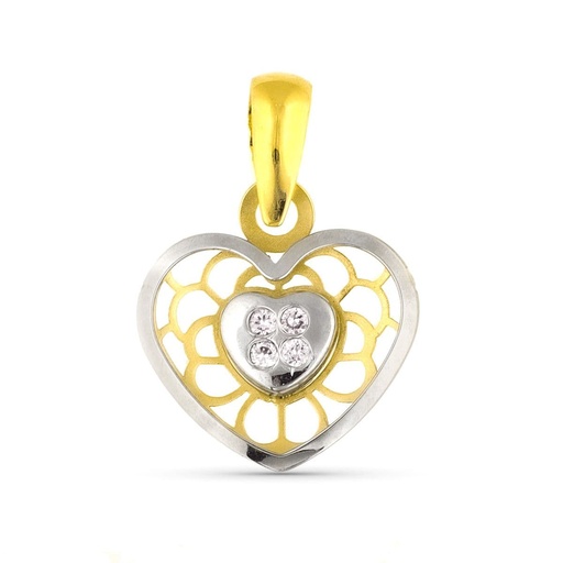 [P9K22106] 9K COLGANTE ORO BICOLOR CORAZON CON DETALLES CALADOS Y CIRCONITAS