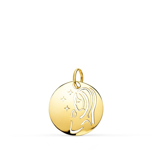 [P9K22161] 9K MEDALLA VIRGEN NIÑA ORO AMARILLO REDONDA CALADA TUMBO EN BRILLO 15 MM