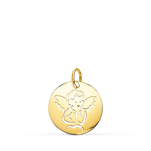 [P9K22163] 9K MEDALLA ANGELITO ORO AMARILLO REDONDA CALADA TUMBO EN BRILLO 15 MM
