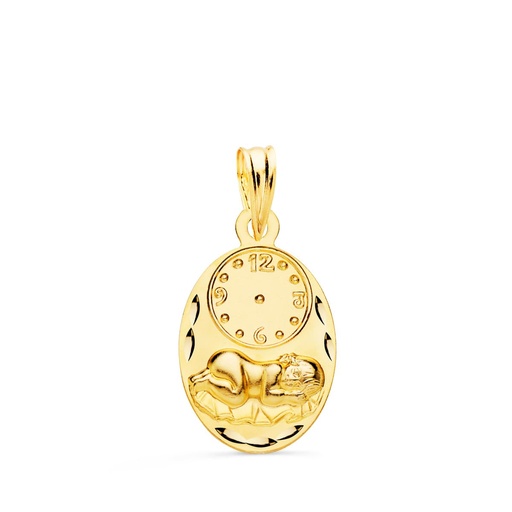 [P9K260341] 9K MEDALLA OVAL NIÑO DE LA HORA CON RELOJ TALLADA 19X12 MM