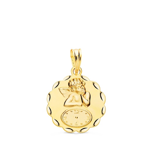 [P9K260351] 9K MEDALLA REDONDA ANGELITO BURLON CON RELOJ TALLADA 16 MM