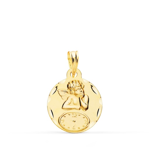 [P9K260354] 9K MEDALLA REDONDA ANGELITO BURLON CON RELOJ TALLADA 15 MM