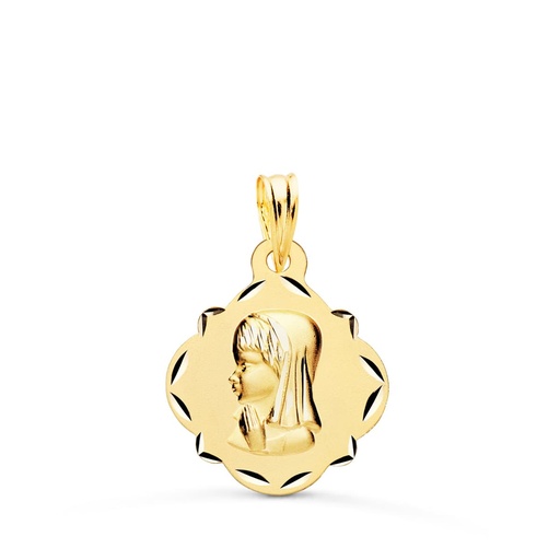 [P9K270113] 9K MEDALLA ORO AMARILLO VIRGEN NIÑA PERFIL PANDERETA TALLADA 19X16 MM