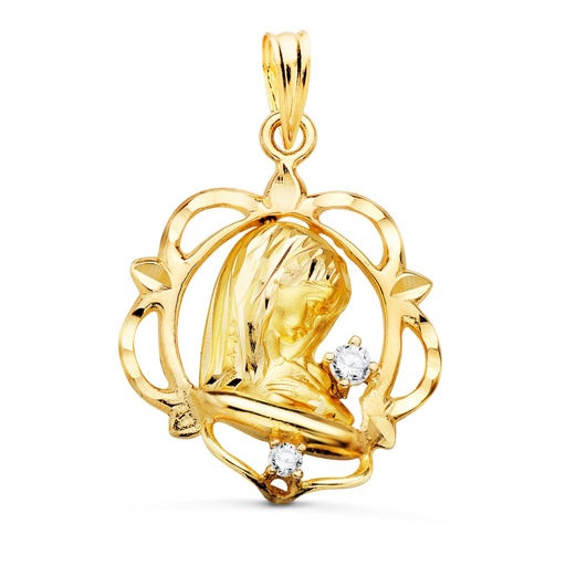 [P9KP006] 9K MEDALLA ORO AMARILLO VIRGEN NIÑA CERCO CON CIRCONITAS 21X19 MM