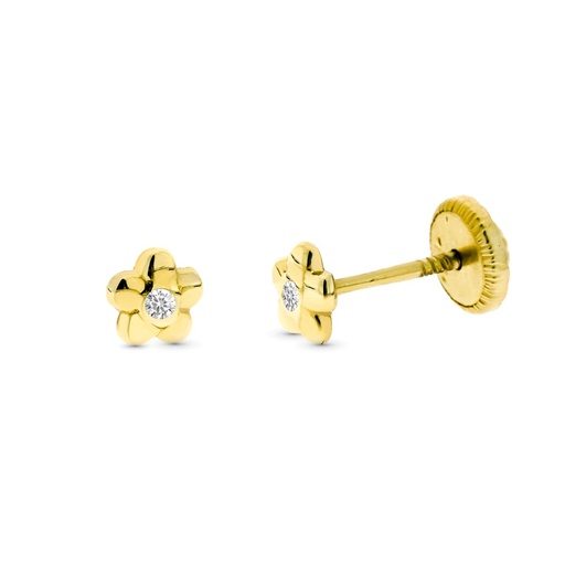 [P9KP1907-OAT] 9K PENDIENTES ORO AMARILLO FLOR DIAMANTES 0.016 CTS SI-H TUERCA 4 MM