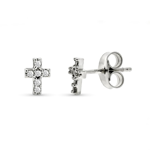 [P9KP1915-OBP] 9k PENDIENTES ORO BLANCO CRUZ DIAMANTES 0.06 CTS SI-H 6X4 MM PRESION