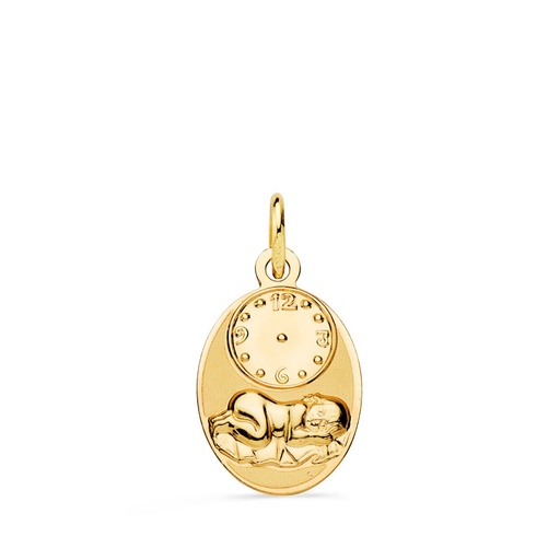 [P9KP9307-819] 9K MEDALLA OVAL NIÑO DE LA HORA CON RELOJ BRILLO Y MATE 19X12 MM