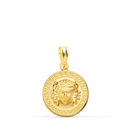 [PP10050-015] 18K MEDALLA ORO AMARILLO MEDUSA CON BORDE DE GRECA MATIZADA 15 MM