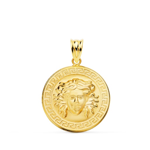 [PP10050-020] 18K MEDALLA ORO AMARILLO MEDUSA CON BORDE DE GRECA MATIZADA 20 MM