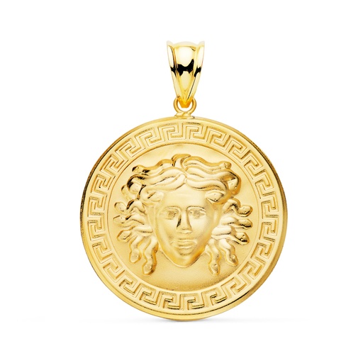 [PP10050-025] 18K MEDALLA ORO AMARILLO MEDUSA CON BORDE DE GRECA MATIZADA 25 MM