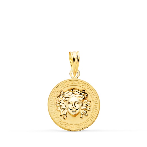 [PP10050-815] 18K MEDALLA ORO AMARILLO MEDUSA EN BRILLO CON BORDE DE GRECA MATIZADA 20 MM