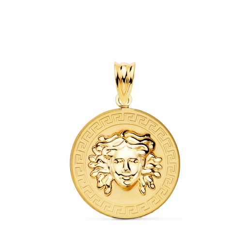 [PP10050-820] 18K MEDALLA ORO AMARILLO MEDUSA EN BRILLO CON BORDE DE GRECA MATIZADA 20 MM