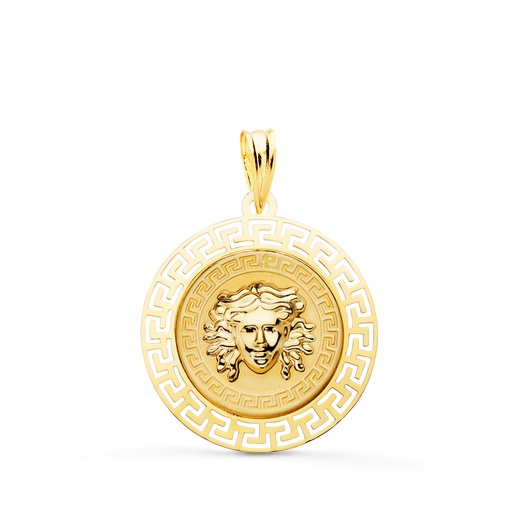 [PP10051-822] 18K MEDALLA ORO AMARILLO MEDUSA CON BORDE CALADA Y GRECA MATIZADA 20 MM