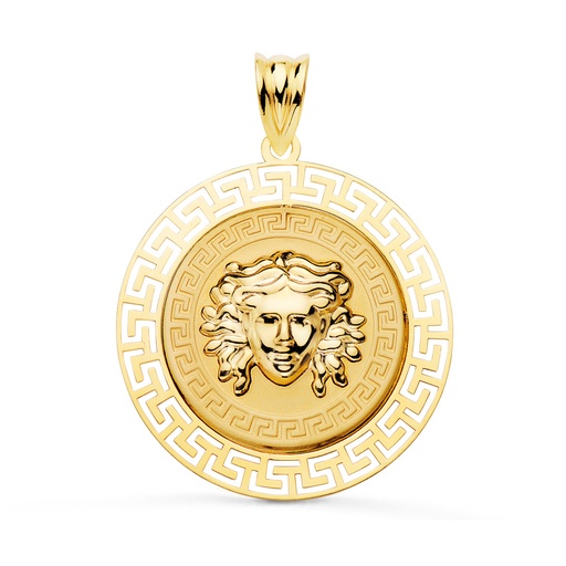 [PP10051-830] 18K MEDALLA ORO AMARILLO MEDUSA CON BORDE CALADA Y GRECA MATIZADA 27 MM