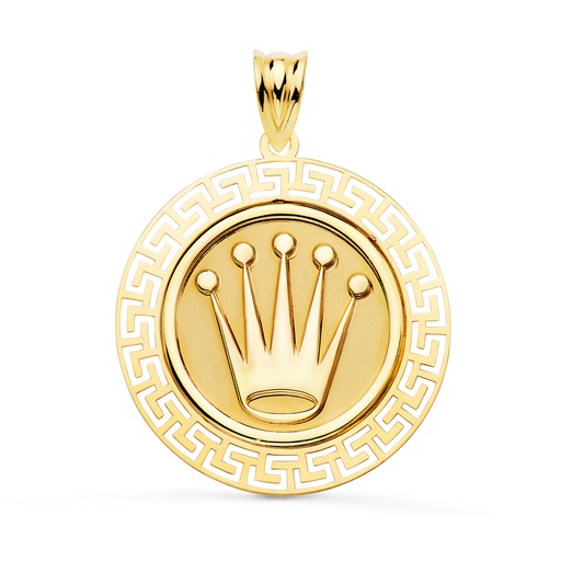 [PP10081-830] 18K MEDALLA ORO AMARILLO CORONA CON BORDE DE GRECA CALADA. 27 MM