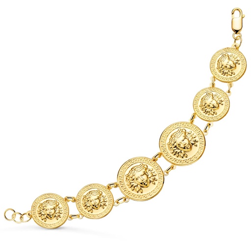[PP1497-OA] 18K PULSERA ORO AMARILLO CON MEDUSAS DE 25 Y 20 MM EN BRILLO LARGO 20.5 CM