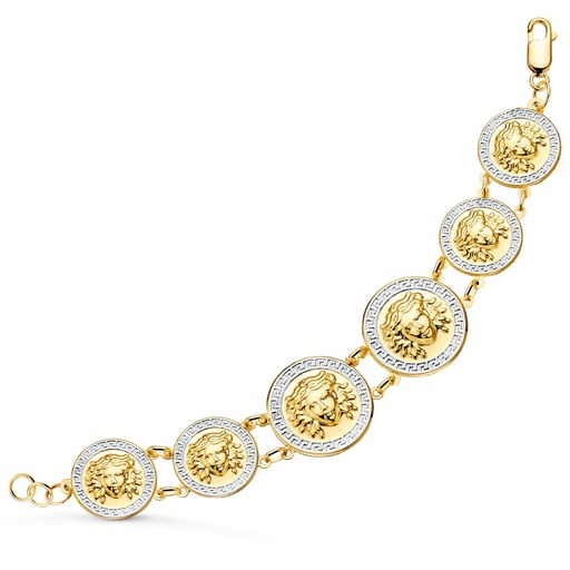 [PP1497-OBI] 18K PULSERA ORO BICOLOR CON MEDUSAS DE 25 Y 20 MM EN BRILLO LARGO 20.5 CM