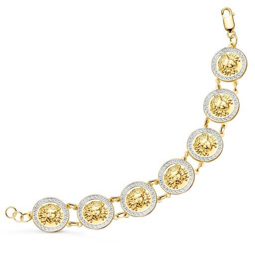 [PP1498-OBI] 18K PULSERA ORO BICOLOR CON MEDUSAS REDONDAS EN BRILLO 20 MM LARGO 21.5 CM