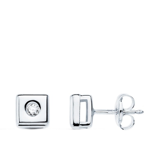 [PP1902-OBP220] 18K PENDIENTES ORO BLANCO CUADRADOS DIAMANTES 0.100 QTS. G-VS2. CIERRE PRESION