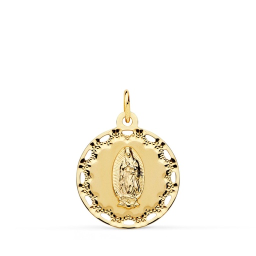 [PP1927] 18K MEDALLA ORO AMARILLO VIRGEN DE GUADALUPE CERCO CALADO Y TALLADO 18 MM