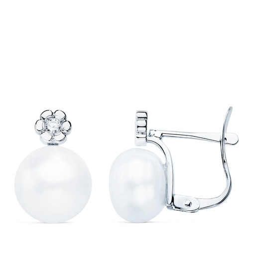 [PP1928] 18K PENDIENTES ORO BLANCO DIAMANTES 0.06 QTS G-VS2. PERLA 9 MM 13X9 MM