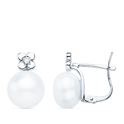 [PP1929] 18K PENDIENTES ORO BLANCO DIAMANTES 0.06 QTS G-VS2. PERLA 8.5 MM 13X8.5 MM