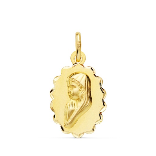 [PP2006F] 18K MEDALLA ORO AMARILLO VIRGEN NIÑA OVAL CON ARCOS TALLADOS. 16 X 12 MM