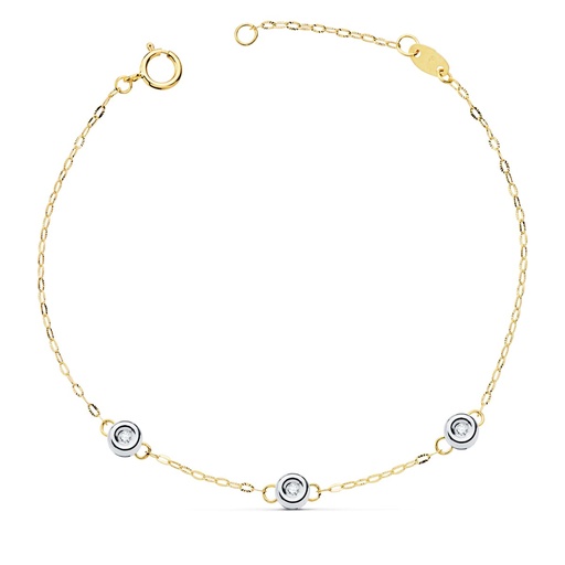 [PP30113-7] 18K PULSERA BICOLOR CADENA FORZADA 19CM TRES DIAMANTES 0.045 QTS.  G-VS2