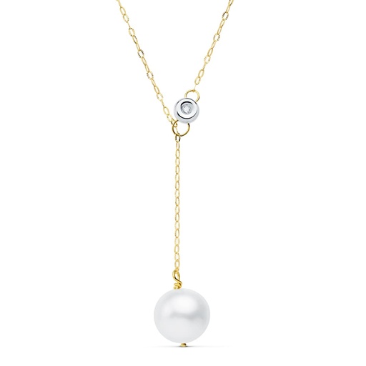 [PP30114-6] 18K GARGANTILLA PERLA 12 MM CADENA 45 CM CHATON DIAMANTE 0.020 QTS G-VS2