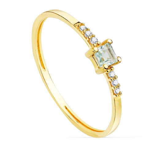 [PP30116-OAAM] 18K SORTIJA ORO AMARILLO 6 DIAMANTES 0.030QTS. G-VS2 AGUAMARINA 3X3MM CUERPO 1MM
