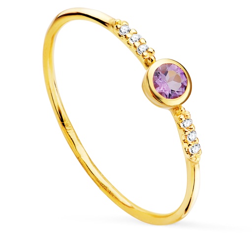 [PP30117-OAAT] 18K SORTIJA ORO AMARILLO 6 DIAMANTES 0.030  QTS. G-VS2. AMATISTA 3 MM
