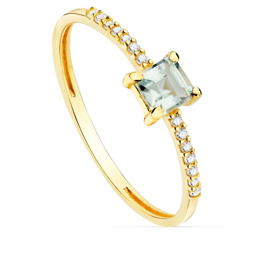 [PP30118-OAAM] SORTIJA ORO AMARILLO 14 DIAMANTES 0.070  QTS. G-VS2 AGUAMARINA 4X4 MM ANCHO 1 MM