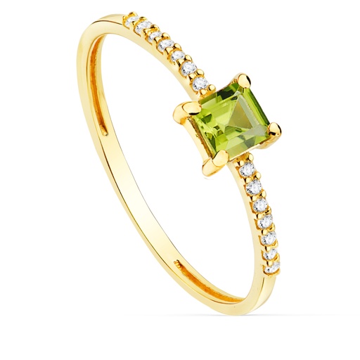 [PP30118-OAOL] SORTIJA ORO AMARILLO 14 DIAMANTES 0.070  QTS. G-VS2. OLIVINA 4X4 MM CUERPO 1 MM