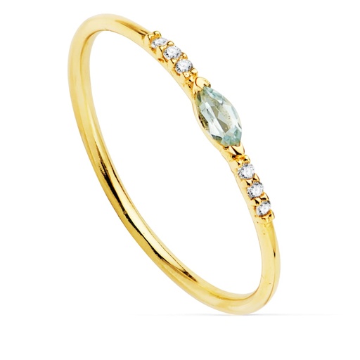[PP30131-OAAM] 18K SORTIJA ORO AMARILLO DIAMANTES 0.030 QTS. G-VS2 AGUAMARINA 4X2 MMCUERPO 1 MM