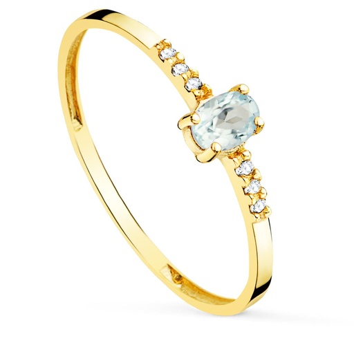 [PP30165-OAAM] 18K SORTIJA DIAMANTES 0.030 QT+ OVAL AGUAMARINA NATURAL 4X3 MM CUERPO 1.30 MM