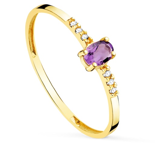[PP30165-OAAT] 18K SORTIJA DIAMANTES 0.030 QT+ OVAL AMATISTA NATURAL 4X3 MM CUERPO 1.30 MM