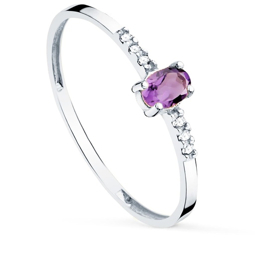 [PP30165-OBAT] 18K SORTIJA DIAMANTES 0.030 QT+ OVAL AMATISTA NATURAL 4X3 MM CUERPO 1.30 MM