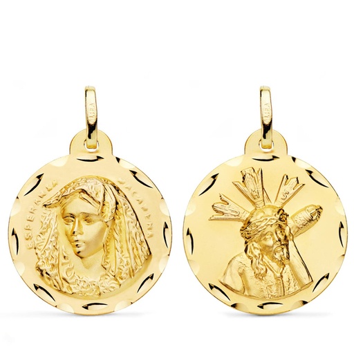 [PP3019-324] 18K ESCAPULARIO VIRGEN MACARENA Y GRAN PODER TALLADA 24 MM