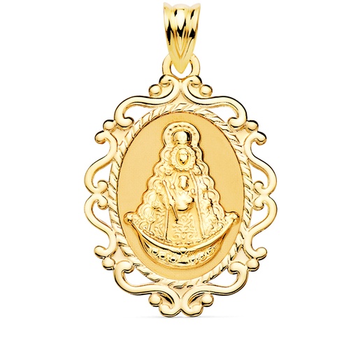 [PP3045-830] 18K MEDALLA VIRGEN DEL ROCIO CERCO CALADO EN BRILLO 31X21 MM