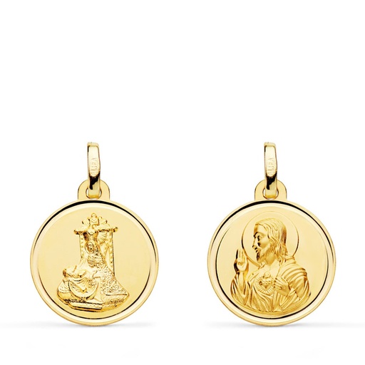 [PP3064-116] 18K MEDALLA ESCAPULARIO VIRGEN DE LAS ANGUSTIAS Y CORAZON DE JESUS BISEL 16 MM